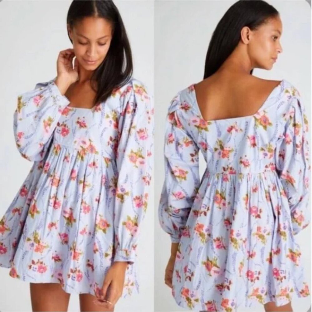 LOVESHACKFANCY Eaton Floral Blue Puff Sleeve Mini Dress Size S